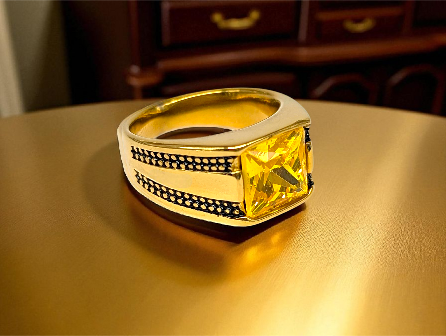Solar Bold: Stainless Steel Ring with Yellow Gemstone & Black Accents