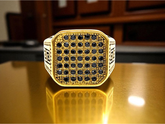 Midnight Heritage: Gold Ring with Dark Gemstones & Greek Key Design