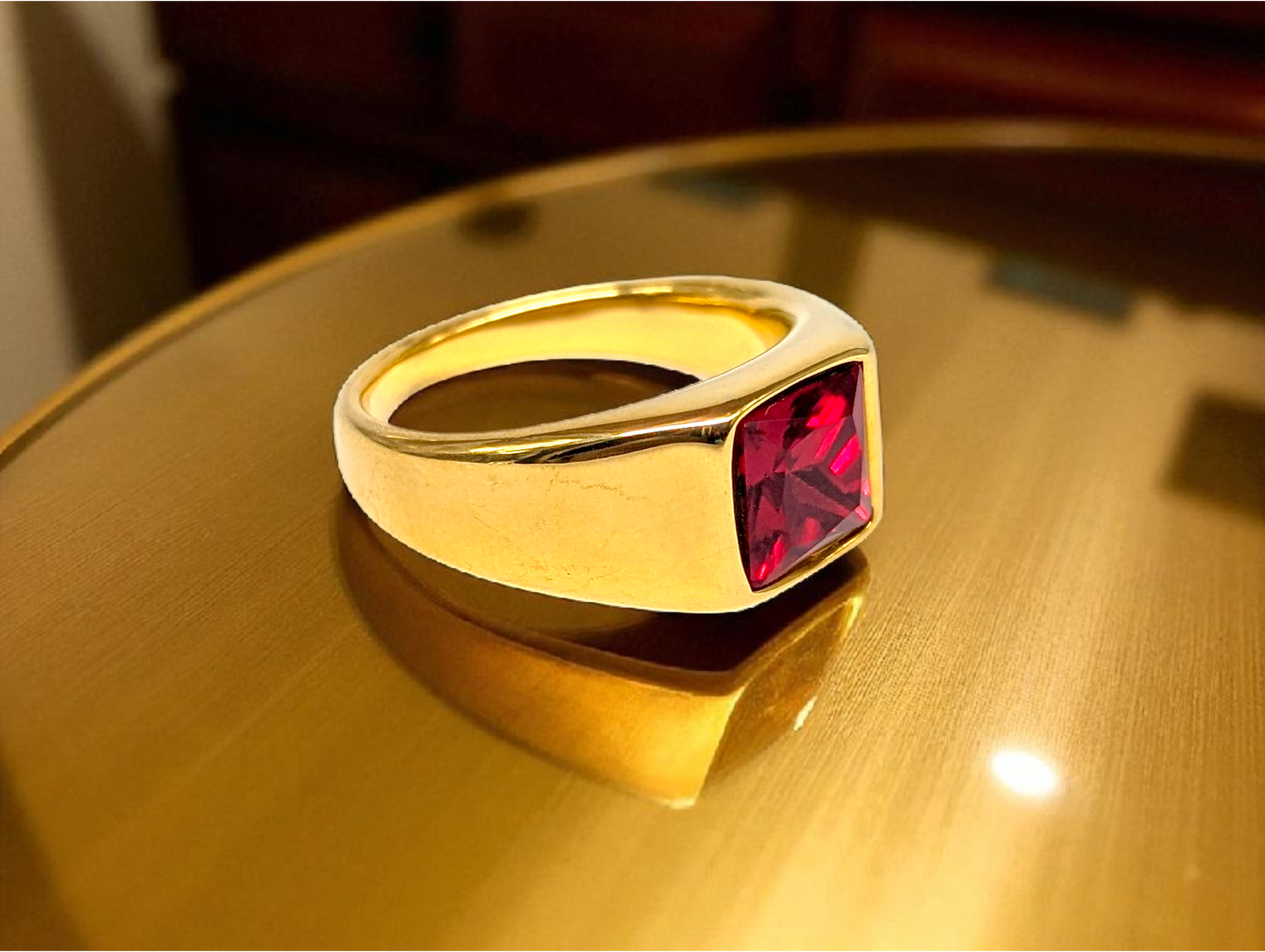 Crimson Prestige: Gold Ring with Square Red Gemstone
