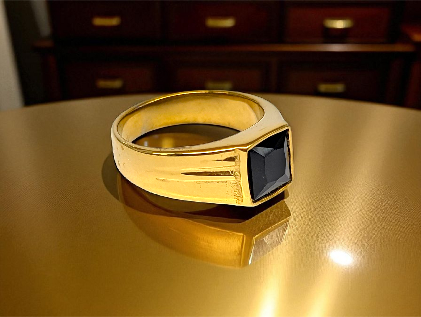 Obsidian Luxe: Gold Ring with Black Gemstone