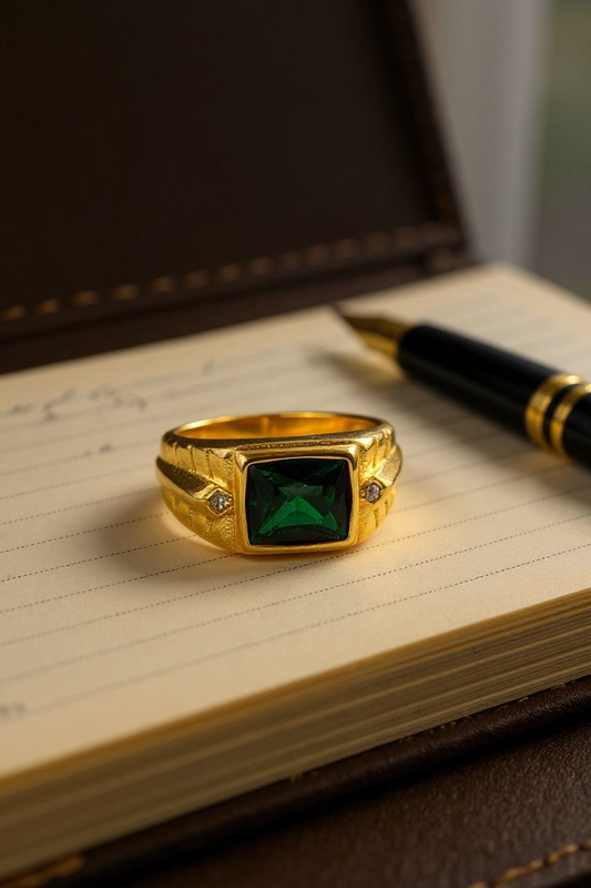 Emerald Grace: Gold Ring with Green Gemstone & Diamond Accents
