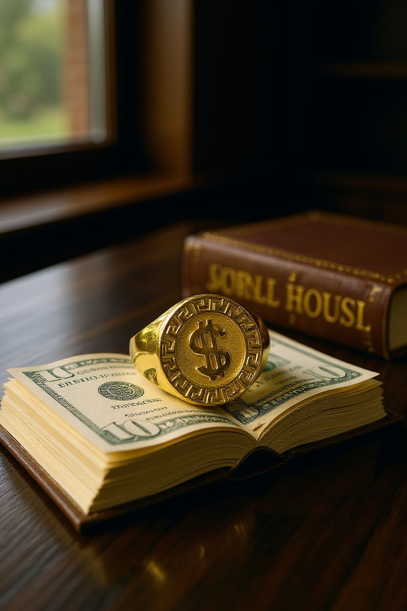 Power & Prestige: Gold-Tone Ring with Embossed Dollar Emblem