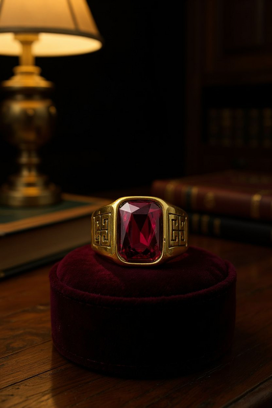 Crimson Majesty: Gold Ring with Red Gemstone & Geometric Detailing