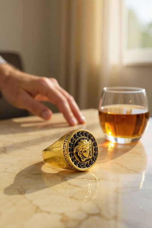 Mythic Elegance: Gold-Tone Ring with Embossed Head & Greek Key Border