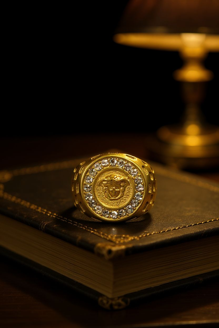 Regal Icon: Gold-Tone Ring with Embossed Head & Gemstone Halo