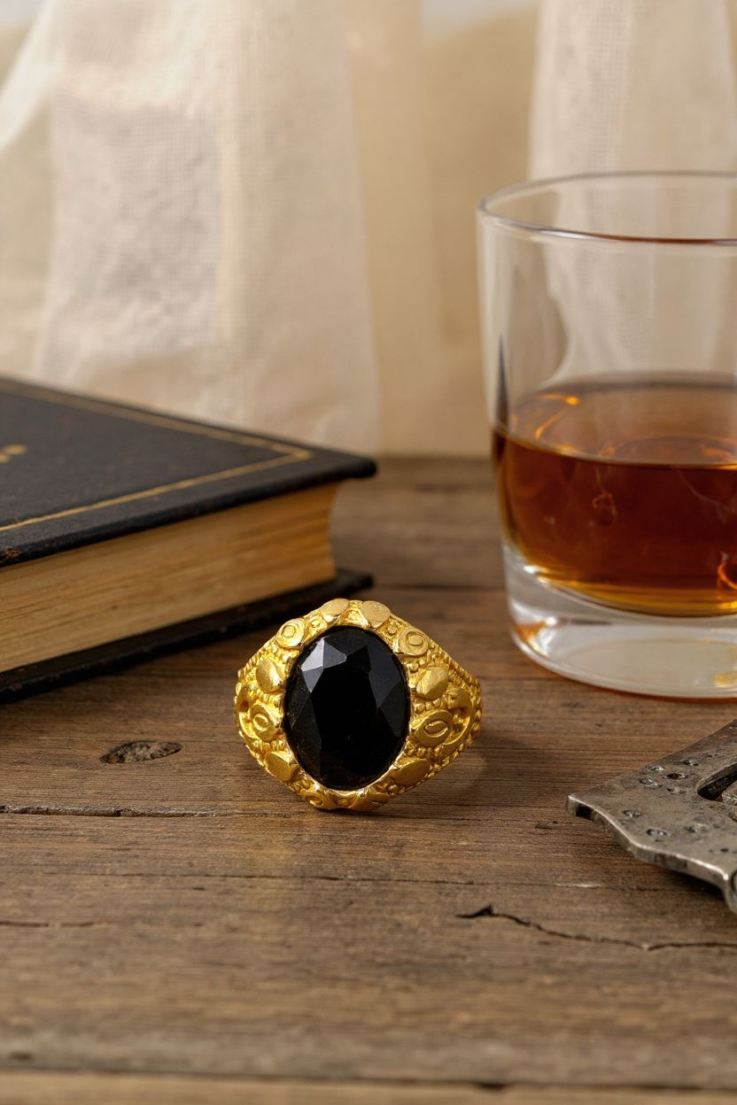 Obsidian Majesty: Gold Ring with Black Gemstone