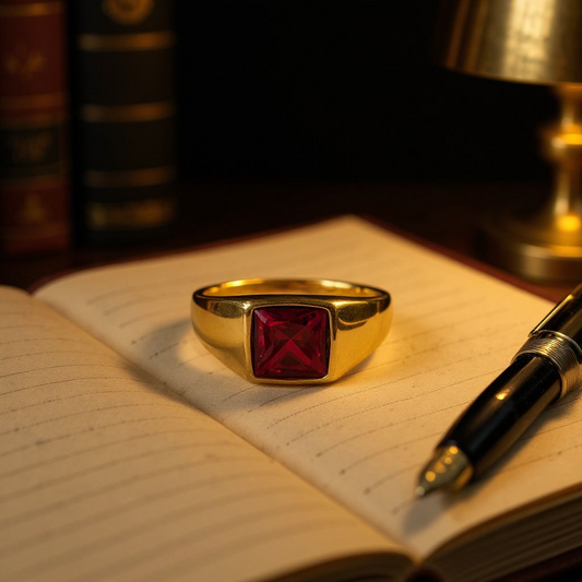 Crimson Prestige: Gold Ring with Square Red Gemstone