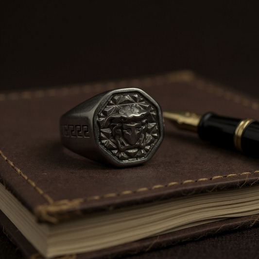 Mythic Power: Black Ceramic Ring with Medusa Emblem
