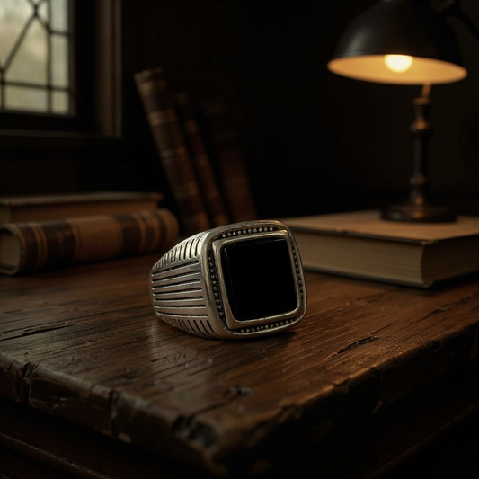 Midnight Valor: Silver Ring with Black Stone