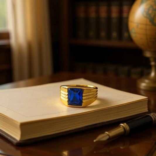 Sapphire Precision: Gold Ring with Square Blue Gemstone & Grooved Band