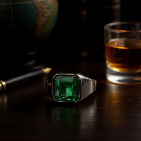 Verdant Edge: Black Stainless Steel Ring with Square Green Gemstone