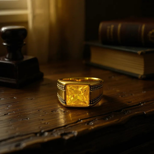 Solar Bold: Stainless Steel Ring with Yellow Gemstone & Black Accents