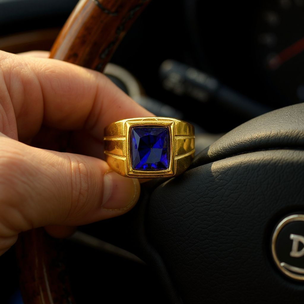 Gold-Tone Ring with Deep Blue Gemstone
