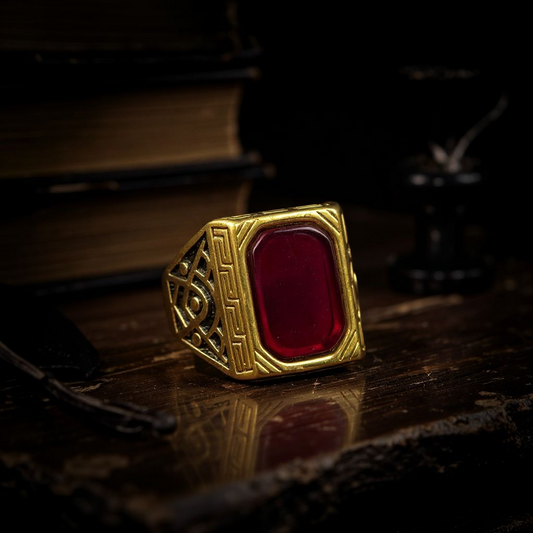 Premium Gold Ring with Red Gemstone – Elegant Men's Statement Jewelry