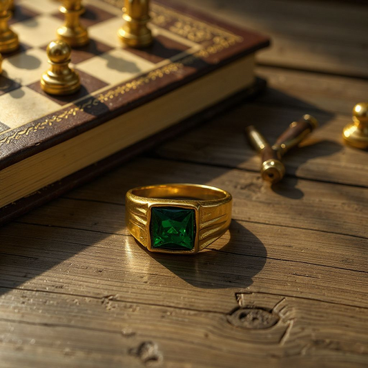 Emerald Elegance: Gold Ring with Rectangular Green Gemstone