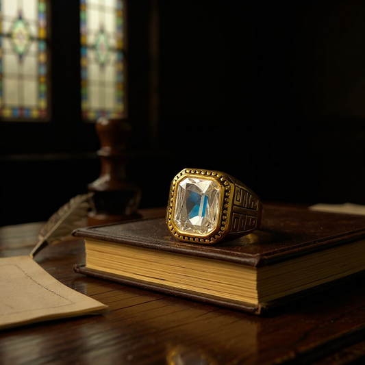 Majestic Maze: Gold Ring with Clear Gemstone & Geometric Engraving