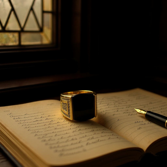 Bold Elegance: Gold Ring with Black Stone & Beaded Detailing