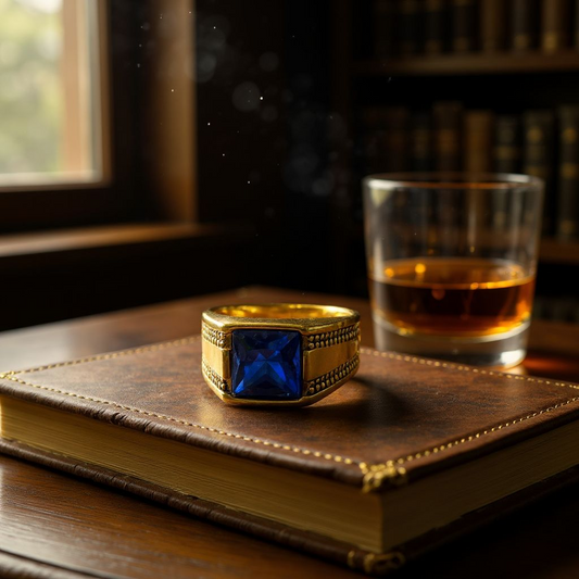 Regal Depth: Gold Ring with Blue Gemstone & Black Accents